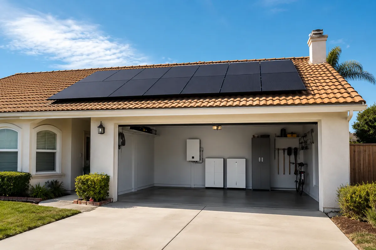 California home upgraded with rooftop solar panels and battery storage in the garage
